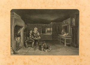 An 1829 etching by David Octavious Hill showing William and Agnes Burnes in the kitchen at Burns Cottage